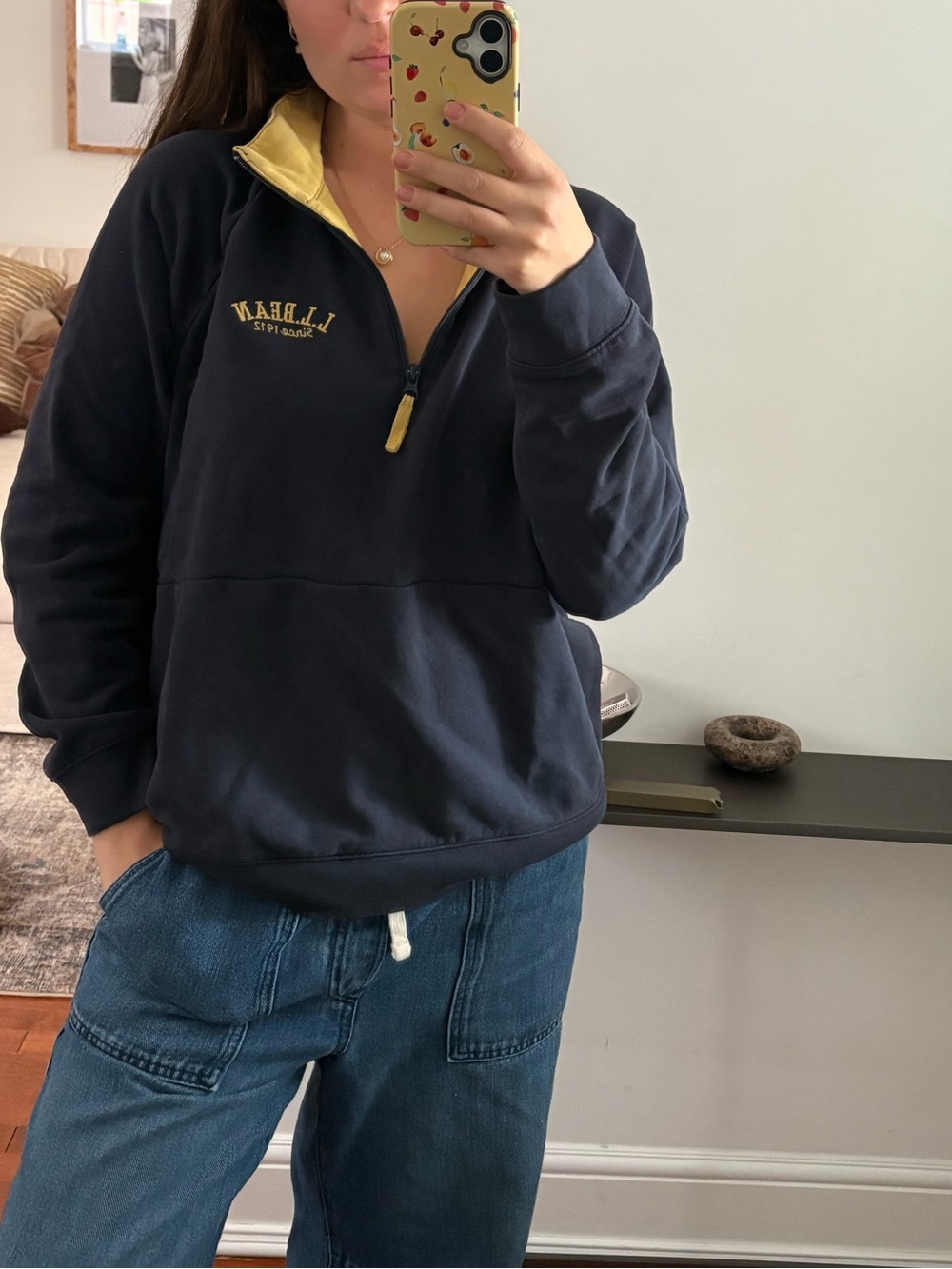 Vintage LL Bean Navy Half-Zip Pullover Sweater with Yellow Trim